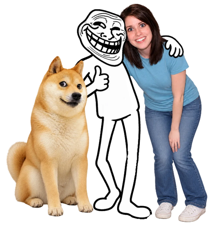 Doge, Trollface and a grinning classmate in a blue shirt posing together for a reunion photo